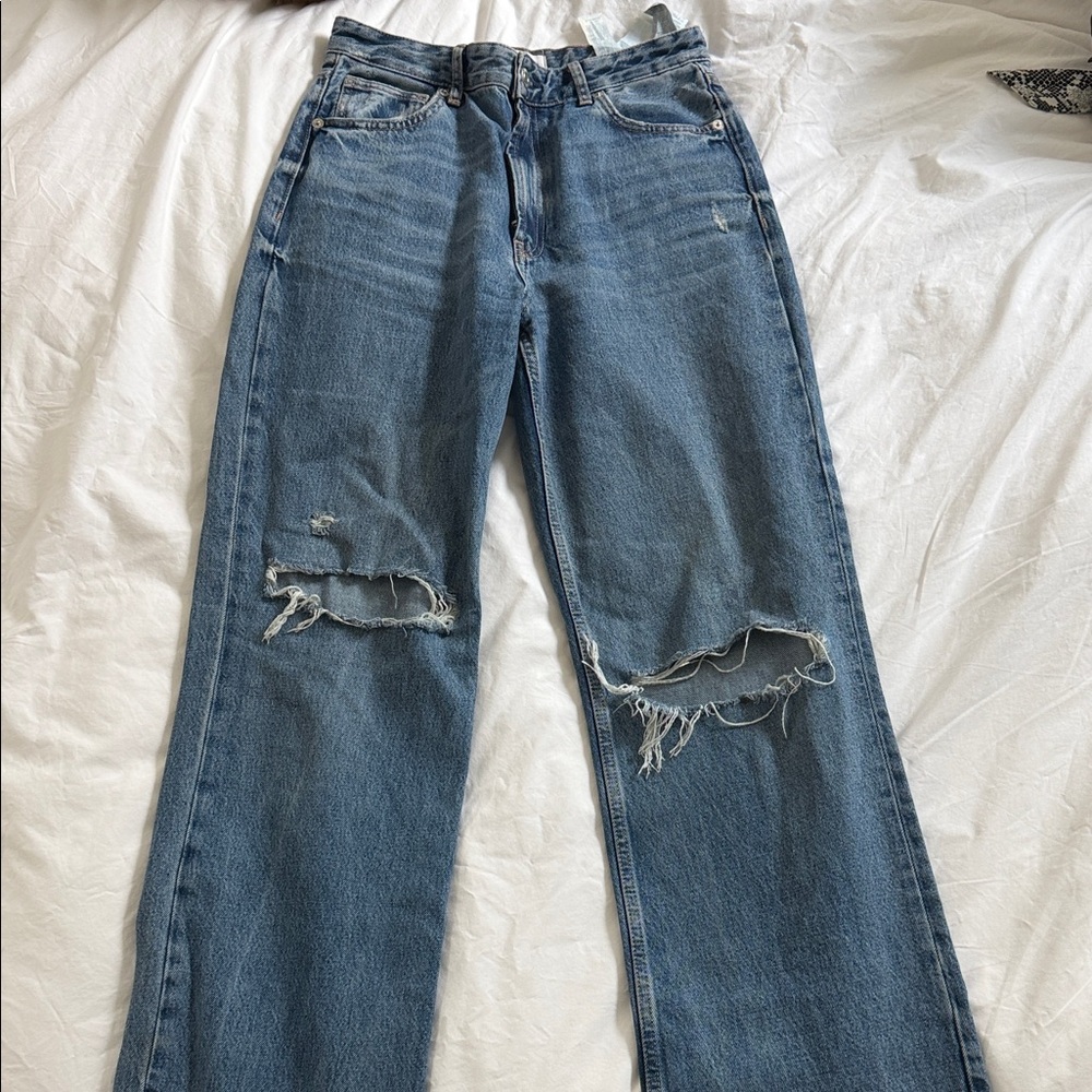 Zara Blue Distressed Straight Leg Jeans